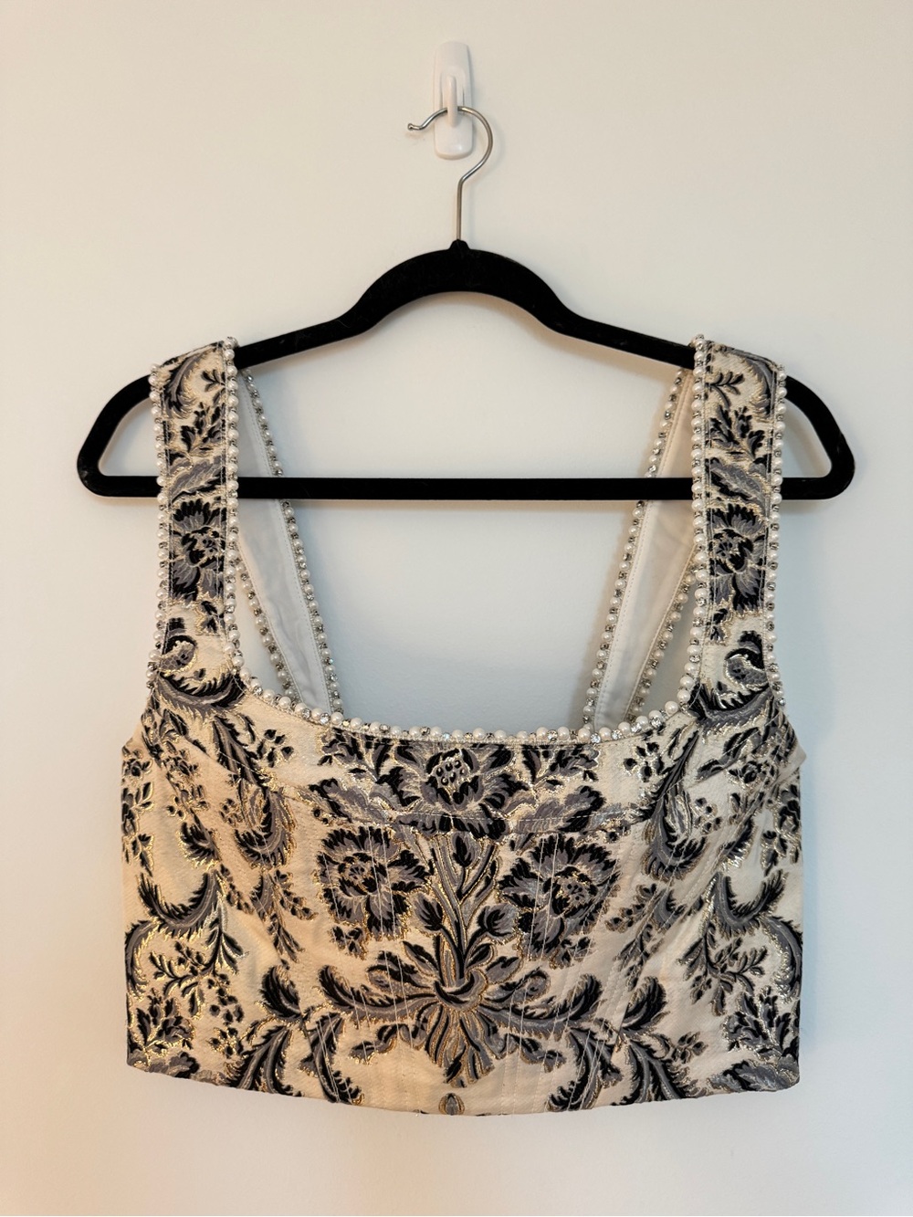 Alice + Olivia Ivory and Black Floral Beaded Crop Top